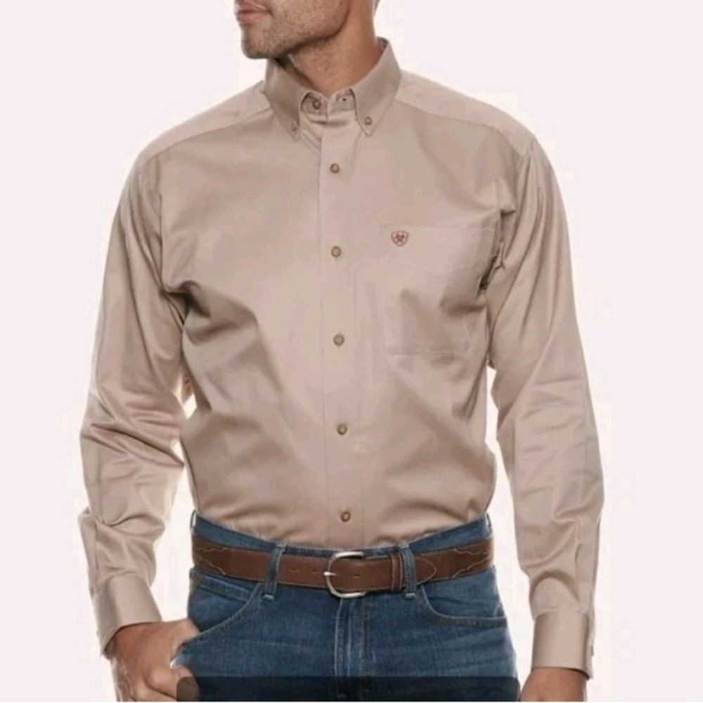 Ariat Men L Solid Twill Classic Fit Button Up Long Sleeve Shirt Khaki Western